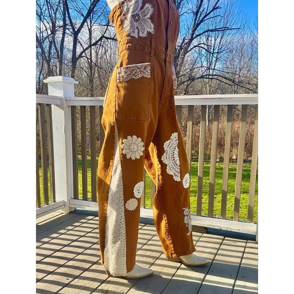 Up-cycles by Ckay | Hand Sewn Lace & Crochet Patchwork Flare Overalls - Picture 1 of 8